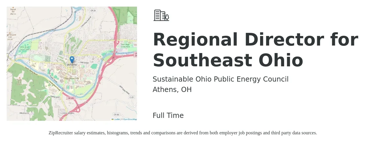Sustainable Ohio Public Energy Council job posting for a Regional Director for Southeast Ohio in Athens, OH with a salary of $70,000 to $95,000 Yearly with a map of Athens location.