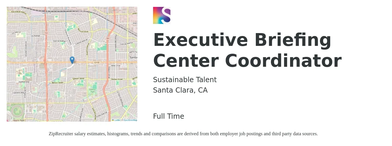 Sustainable Talent job posting for a Executive Briefing Center Coordinator in Santa Clara, CA with a salary of $32 to $43 Hourly with a map of Santa Clara location.