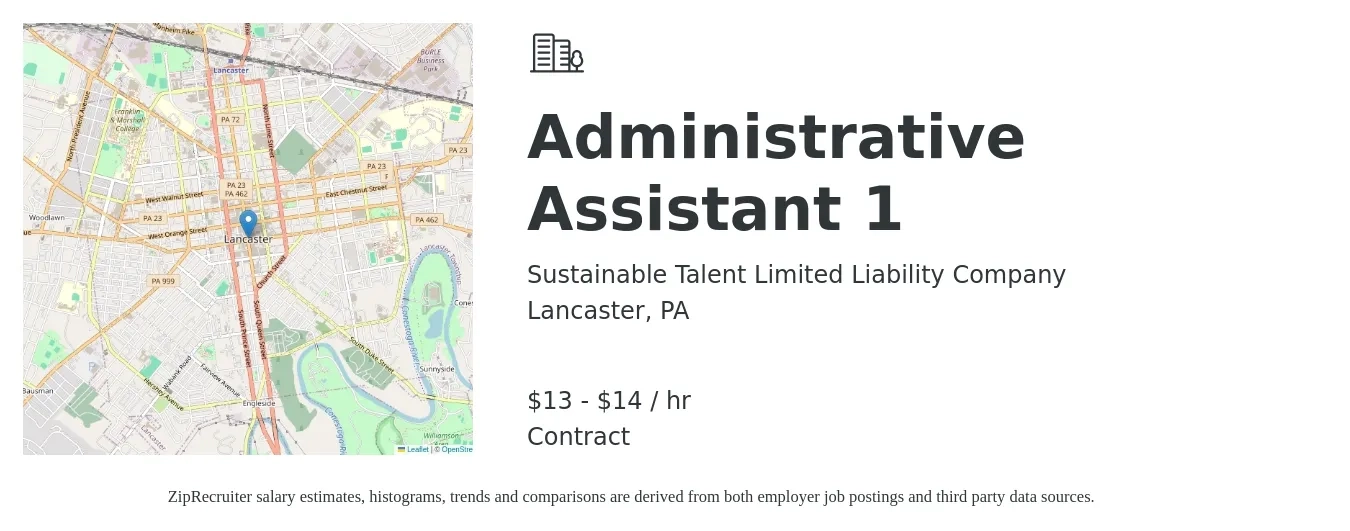 Sustainable Talent Limited Liability Company job posting for a Administrative Assistant 1 in Lancaster, PA with a salary of $14 to $16 Hourly with a map of Lancaster location.