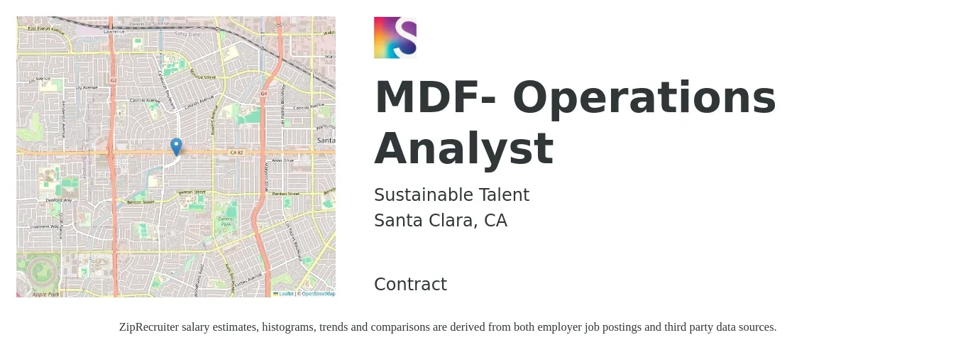Sustainable Talent job posting for a MDF- Operations Analyst in Santa Clara, CA with a salary of $33 to $39 Hourly with a map of Santa Clara location.
