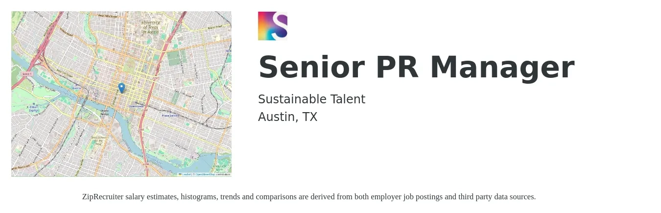 Sustainable Talent job posting for a Senior PR Manager in Austin, TX with a salary of $64,400 to $96,600 Yearly with a map of Austin location.