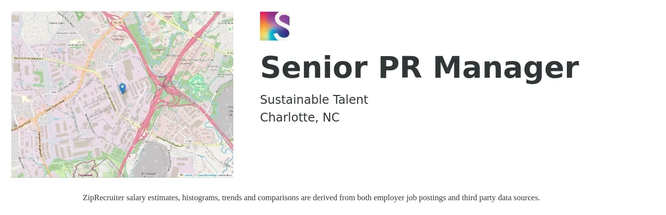 Sustainable Talent job posting for a Senior PR Manager in Charlotte, NC with a salary of $63,500 to $95,200 Yearly with a map of Charlotte location.