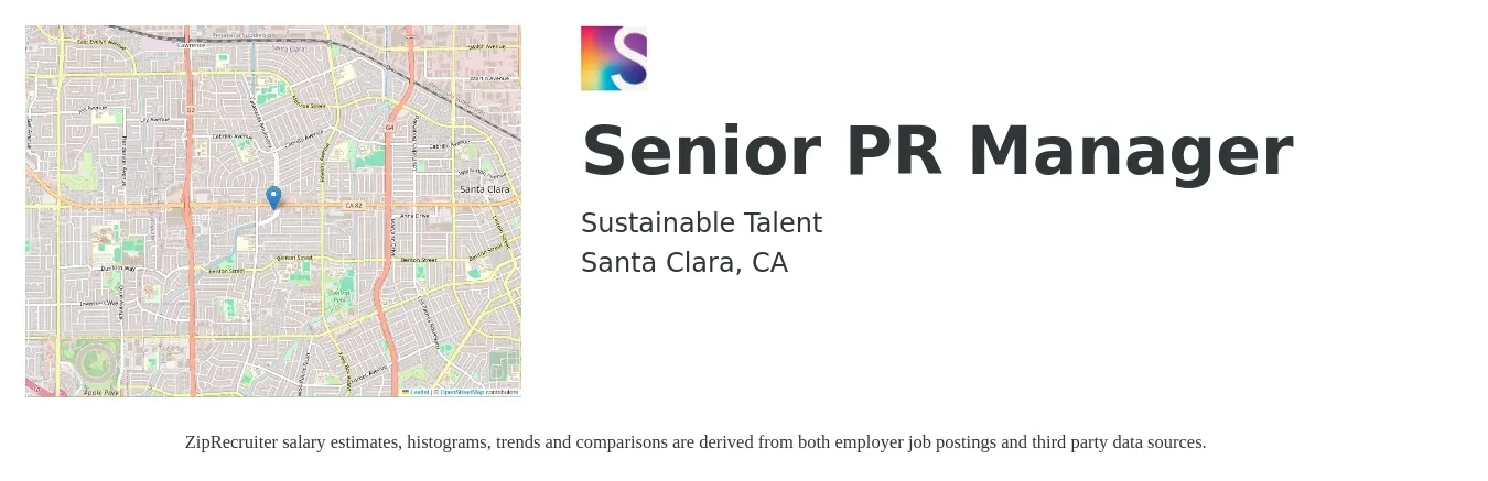 Sustainable Talent job posting for a Senior PR Manager in Santa Clara, CA with a salary of $76,300 to $114,500 Yearly with a map of Santa Clara location.