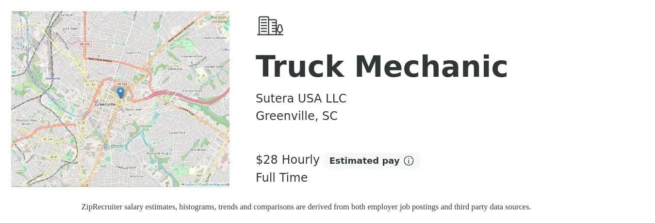 Sutera USA LLC job posting for a Truck Mechanic in Greenville, SC with a salary of $30 Hourly with a map of Greenville location.