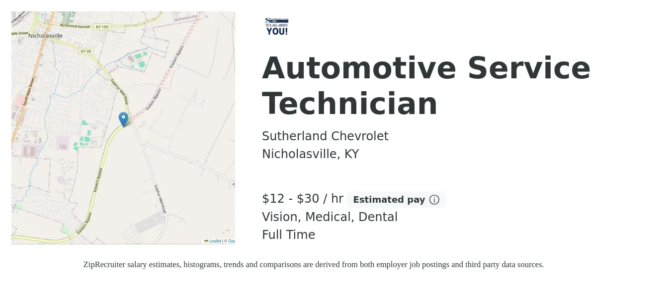 Sutherland Chevrolet job posting for a Automotive Service Technician in Nicholasville, KY with a salary of $13 to $32 Hourly and benefits including vision, dental, life_insurance, medical, and retirement with a map of Nicholasville location.