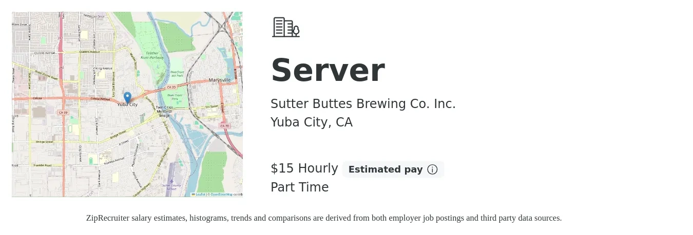 Sutter Buttes Brewing Co. Inc. job posting for a Server in Yuba City, CA with a salary of $16 Hourly with a map of Yuba City location.