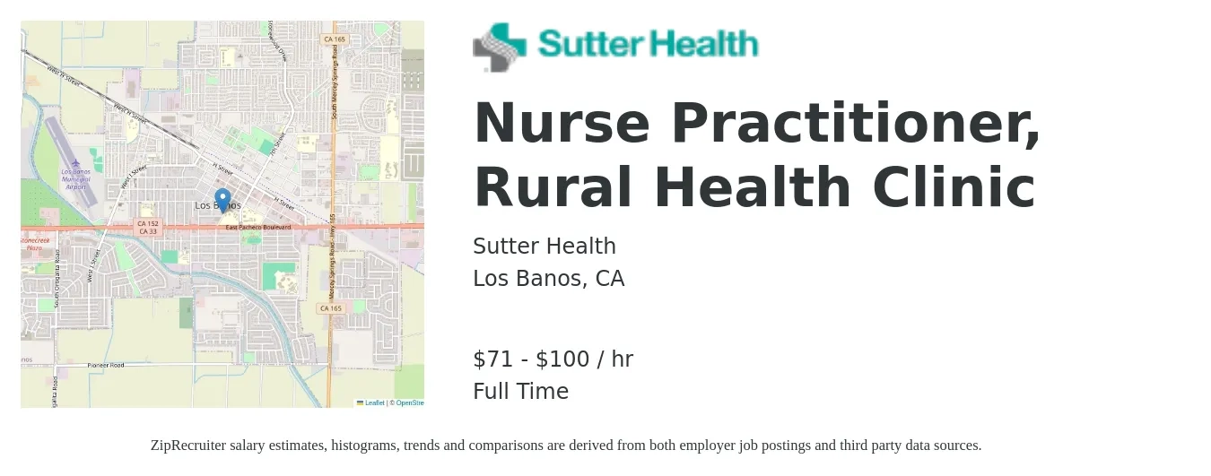 Sutter Health job posting for a Nurse Practitioner, Rural Health Clinic in Los Banos, CA with a salary of $75 to $104 Hourly with a map of Los Banos location.