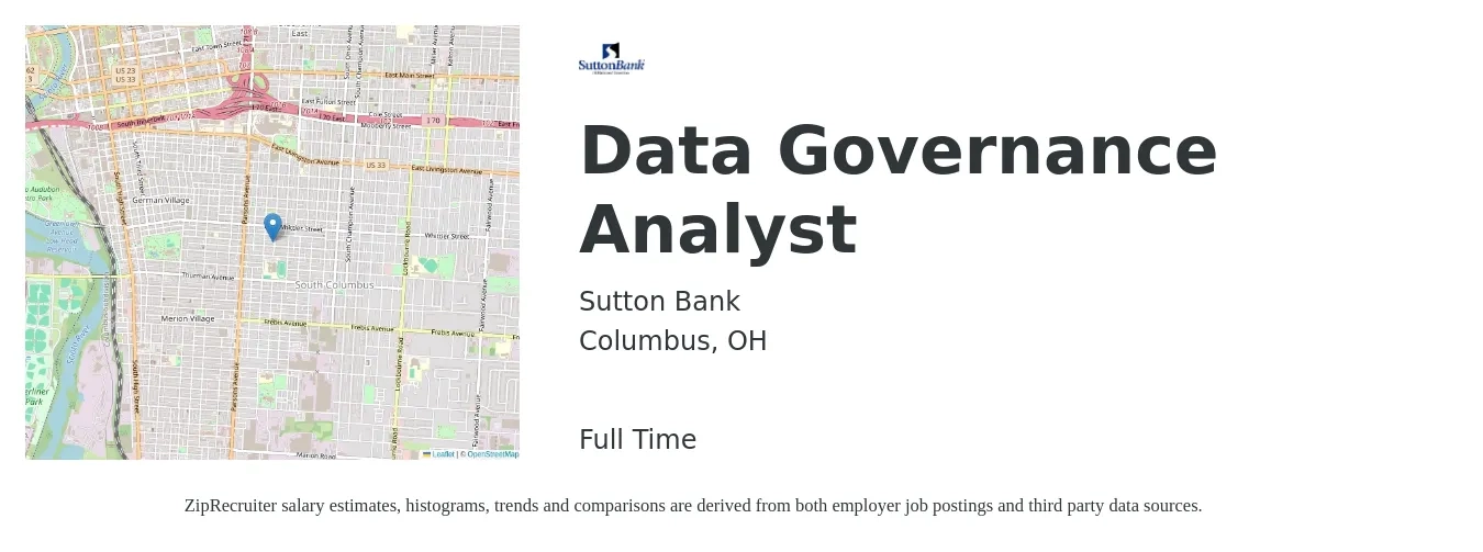Sutton Bank job posting for a Data Governance Analyst in Columbus, OH with a salary of $40 to $66 Hourly with a map of Columbus location.