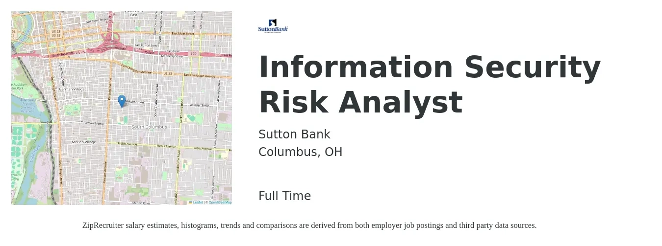 Sutton Bank job posting for a Information Security Risk Analyst in Columbus, OH with a salary of $44 to $64 Hourly with a map of Columbus location.