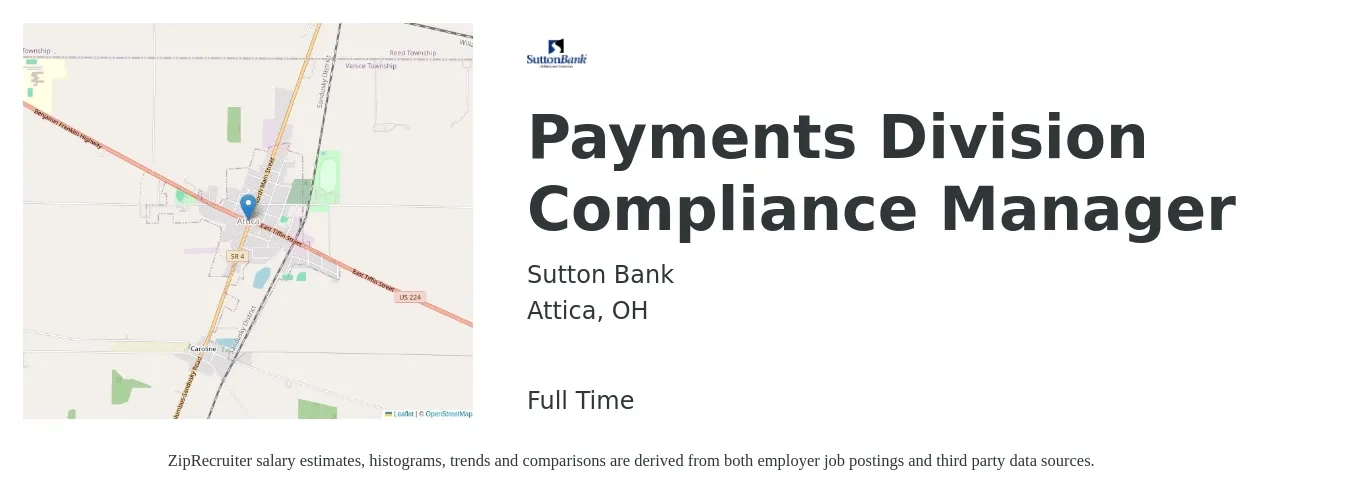 Sutton Bank job posting for a Payments Division Compliance Manager in Attica, OH with a salary of $66,000 to $109,900 Yearly with a map of Attica location.
