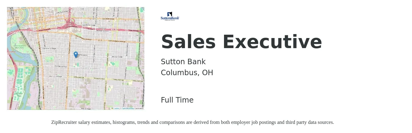Sutton Bank job posting for a Sales Executive in Columbus, OH with a salary of $53,700 to $92,300 Yearly with a map of Columbus location.