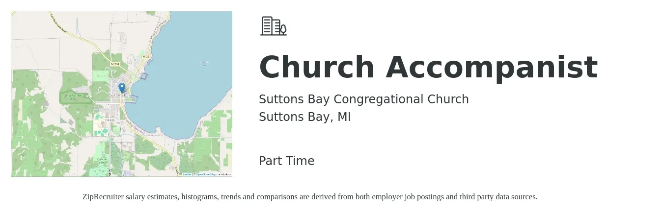 Suttons Bay Congregational Church job posting for a Church Accompanist in Suttons Bay, MI with a salary of $28,700 to $35,600 Yearly with a map of Suttons Bay location.