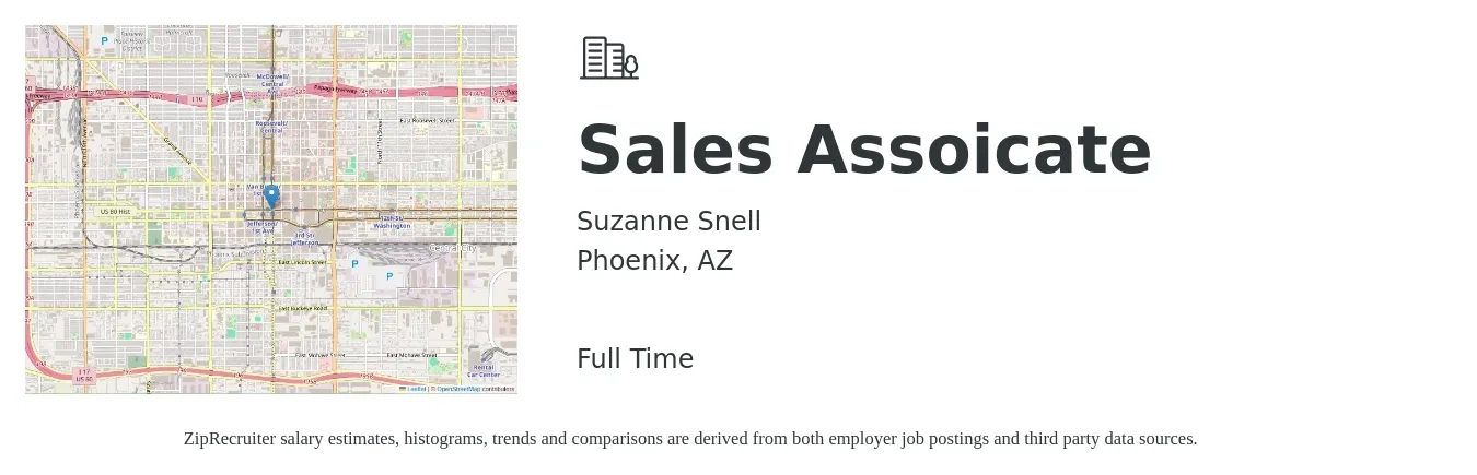 Suzanne Snell job posting for a Sales Assoicate in Phoenix, AZ with a salary of $14 to $19 Hourly with a map of Phoenix location.