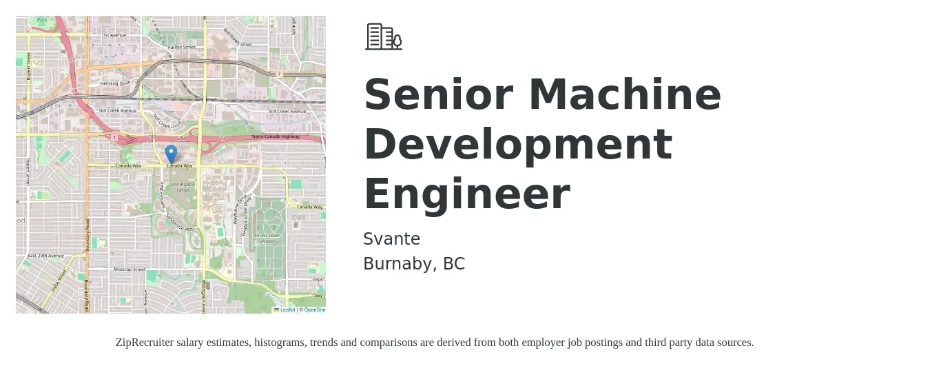 Svante job posting for a Senior Machine Development Engineer in Burnaby, BC with a salary of $81,200 to $111,700 Yearly with a map of Burnaby location.