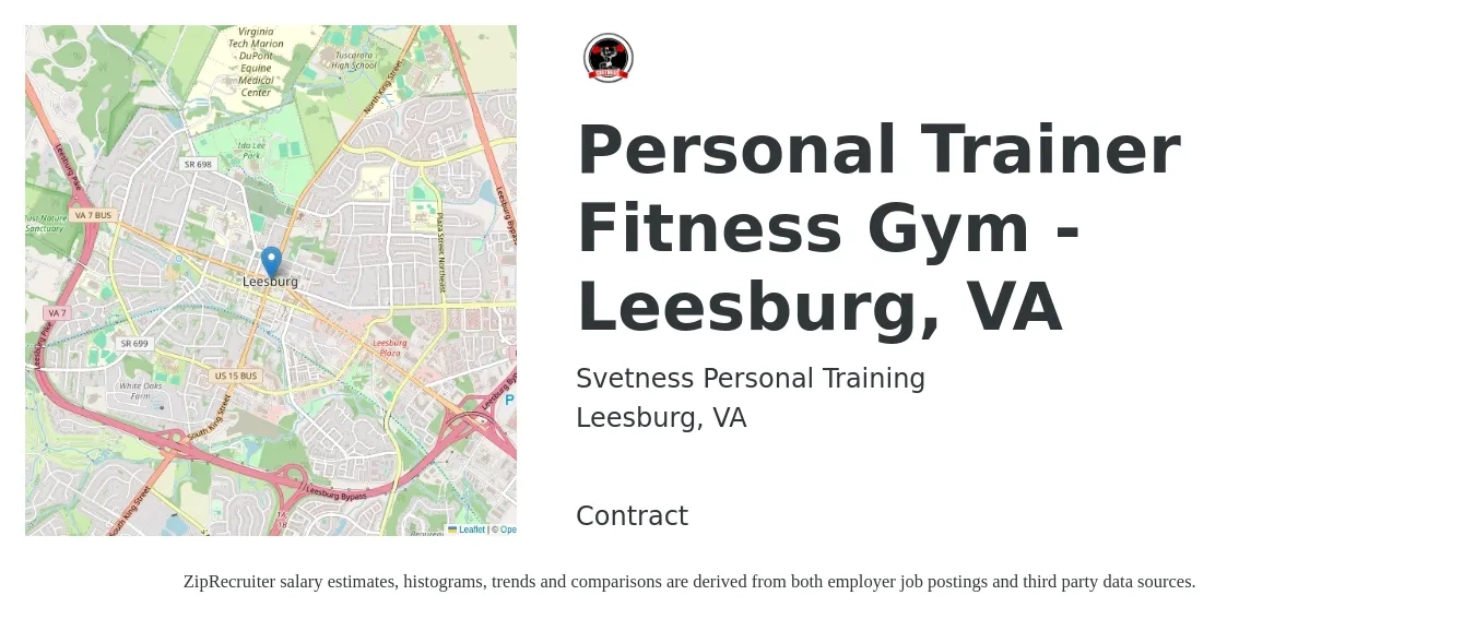 Svetness Personal Training job posting for a Personal Trainer Fitness Gym - Leesburg, VA in Leesburg, VA with a salary of $21 to $34 Hourly with a map of Leesburg location.