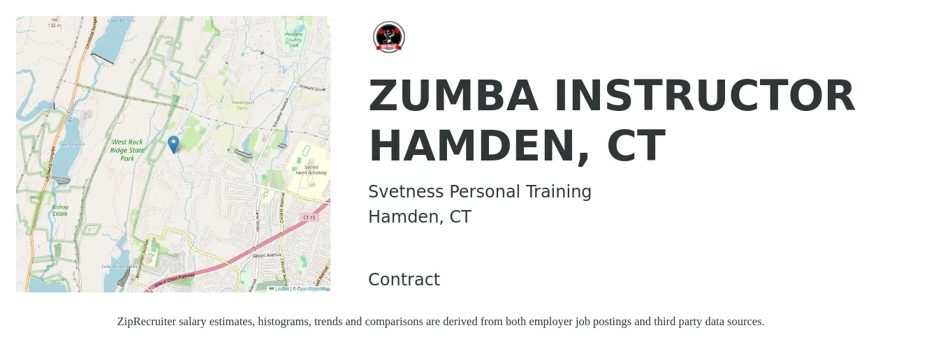 Svetness Personal Training job posting for a ZUMBA INSTRUCTOR HAMDEN, CT in Hamden, CT with a salary of $18 to $33 Hourly with a map of Hamden location.