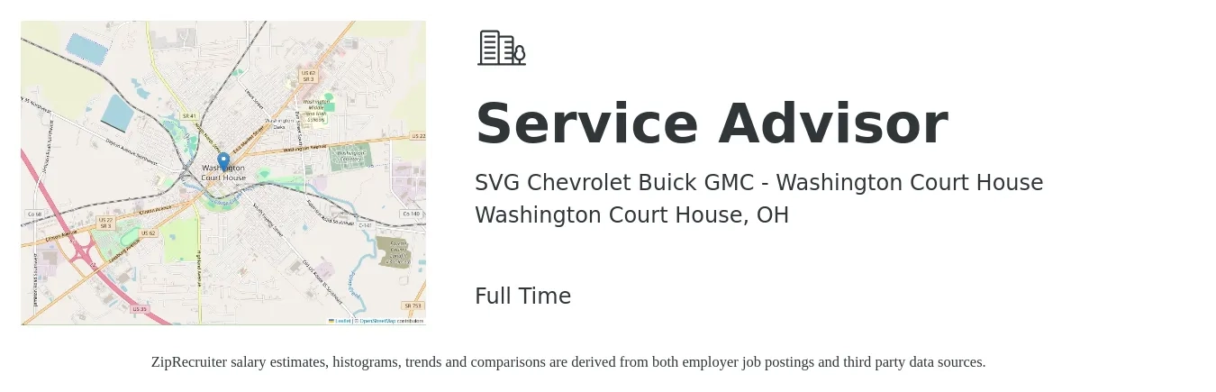 SVG Chevrolet Buick GMC - Washington Court House job posting for a Service Advisor in Washington Court House, OH with a salary of $18 to $30 Hourly with a map of Washington Court House location.