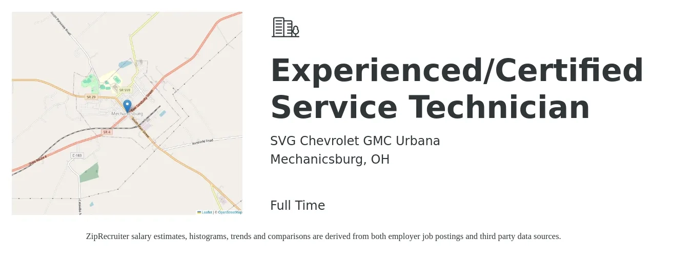 SVG Chevrolet GMC Urbana job posting for a Experienced/Certified Service Technician in Mechanicsburg, OH with a salary of $18 to $29 Hourly with a map of Mechanicsburg location.