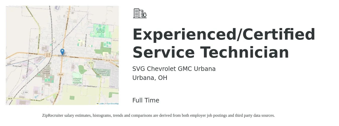 SVG Chevrolet GMC Urbana job posting for a Experienced/Certified Service Technician in Urbana, OH with a salary of $18 to $29 Hourly with a map of Urbana location.
