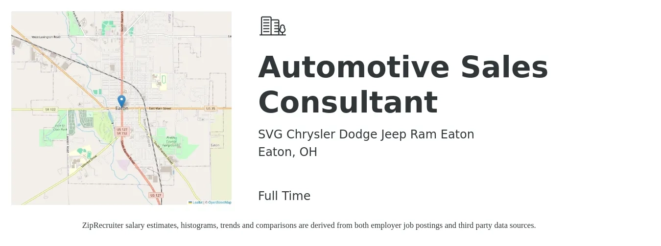 SVG Chrysler Dodge Jeep Ram Eaton job posting for a Automotive Sales Consultant in Eaton, OH with a salary of $35,000 to $68,300 Yearly with a map of Eaton location.