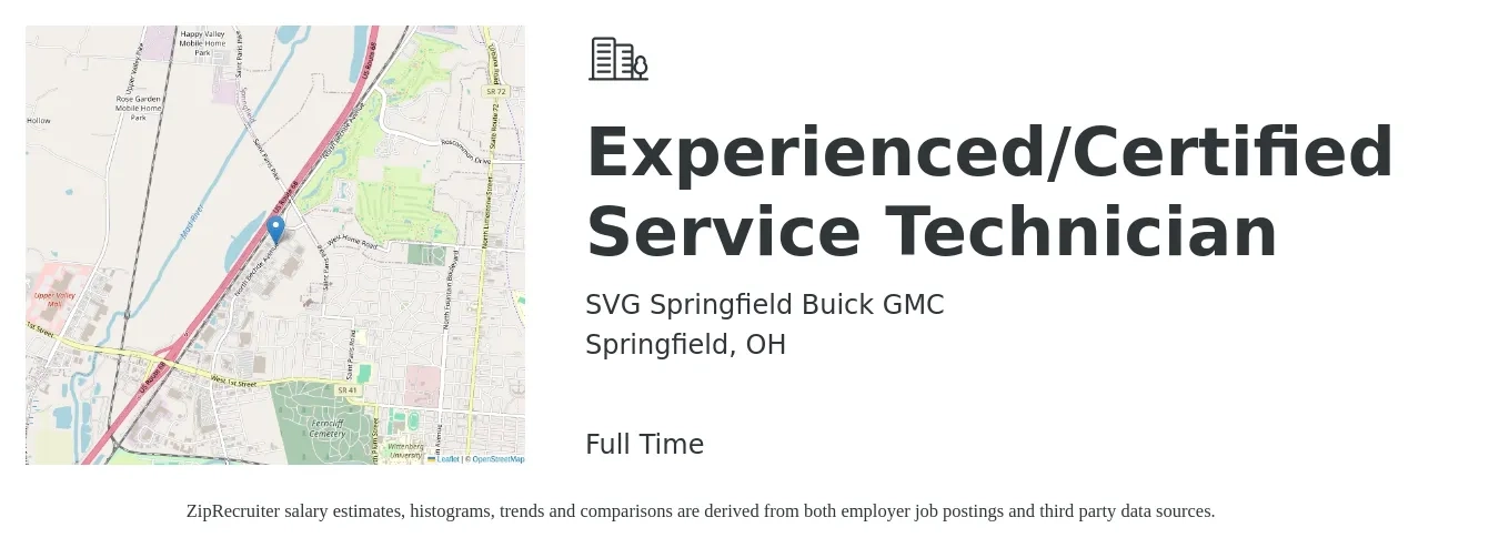 SVG Springfield Buick GMC job posting for a Experienced/Certified Service Technician in Springfield, OH with a salary of $17 to $28 Hourly with a map of Springfield location.