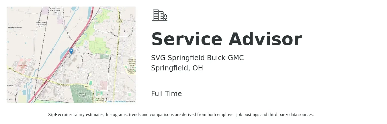SVG Springfield Buick GMC job posting for a Service Advisor in Springfield, OH with a salary of $17 to $28 Hourly with a map of Springfield location.