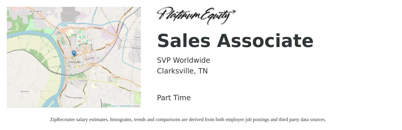 SVP Worldwide job posting for a Sales Associate in Clarksville, TN with a salary of $12 to $16 Hourly with a map of Clarksville location.