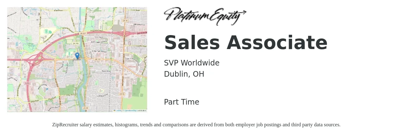 SVP Worldwide job posting for a Sales Associate in Dublin, OH with a salary of $14 to $18 Hourly with a map of Dublin location.