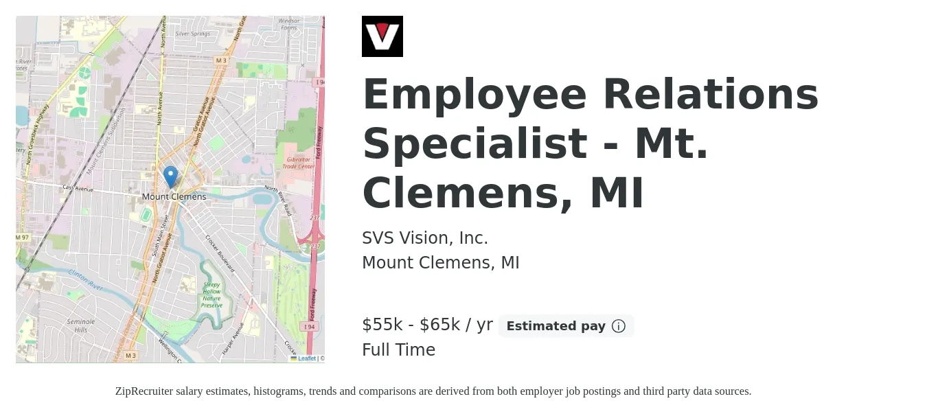 SVS Vision, Inc. job posting for a Employee Relations Specialist - Mt. Clemens, MI in Mount Clemens, MI with a salary of $54,400 to $82,100 Yearly with a map of Mount Clemens location.