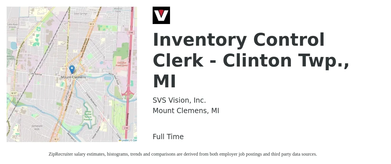 SVS Vision, Inc. job posting for a Inventory Control Clerk - Clinton Twp., MI in Mount Clemens, MI with a salary of $16 to $19 Hourly with a map of Mount Clemens location.