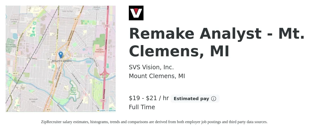 SVS Vision, Inc. job posting for a Remake Analyst - Mt. Clemens, MI in Mount Clemens, MI with a salary of $20 to $22 Hourly with a map of Mount Clemens location.
