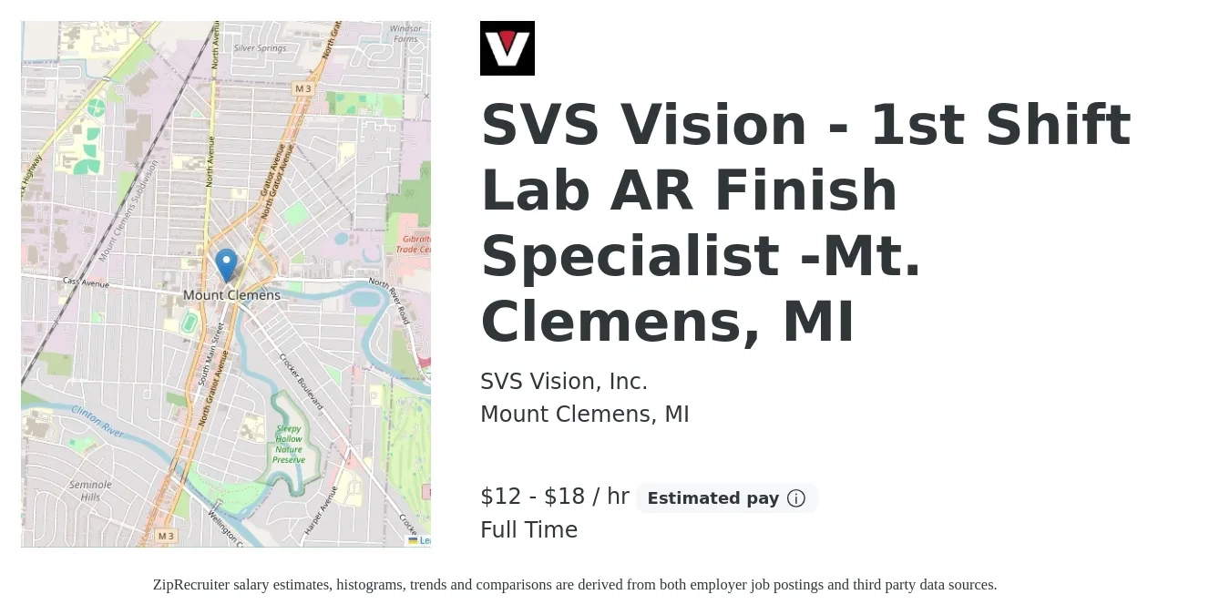 SVS Vision, Inc. job posting for a SVS Vision - 1st Shift Lab AR Finish Specialist -Mt. Clemens, MI in Mount Clemens, MI with a salary of $13 to $19 Hourly with a map of Mount Clemens location.