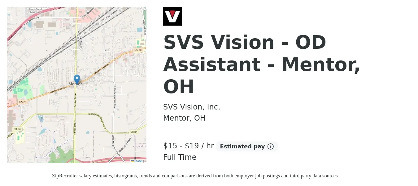 SVS Vision, Inc. job posting for a SVS Vision - OD Assistant - Mentor, OH in Mentor, OH with a salary of $16 to $20 Hourly with a map of Mentor location.