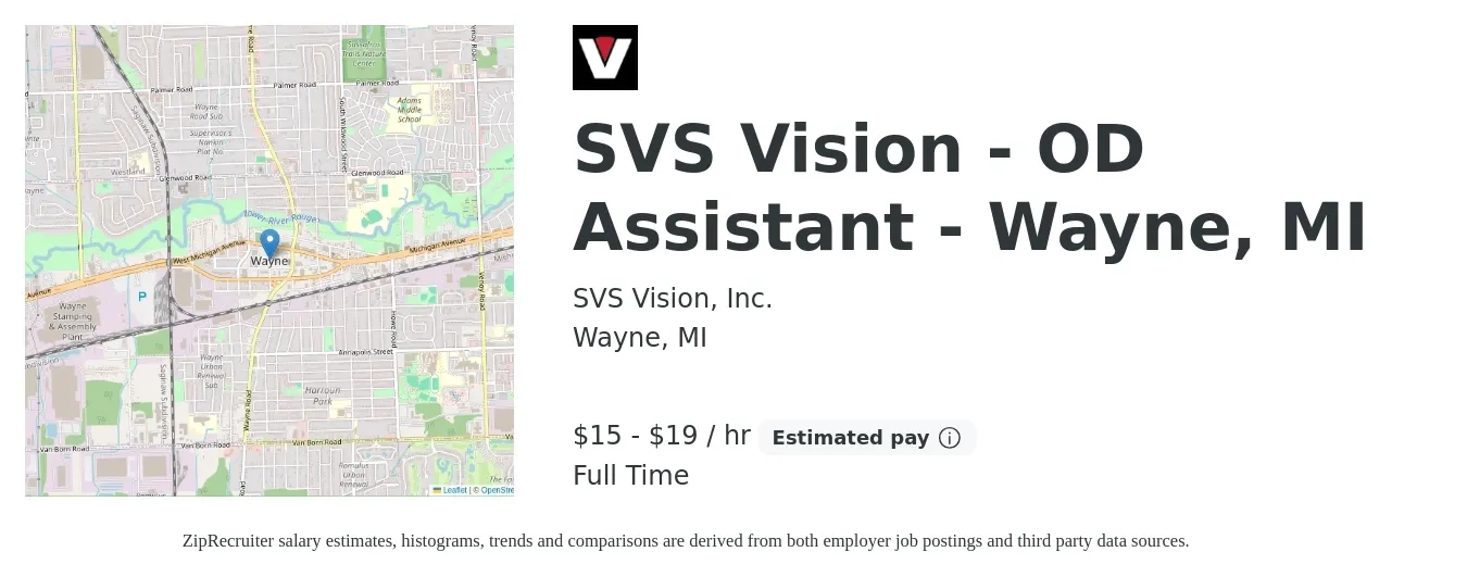 SVS Vision, Inc. job posting for a SVS Vision - OD Assistant - Wayne, MI in Wayne, MI with a salary of $16 to $20 Hourly with a map of Wayne location.