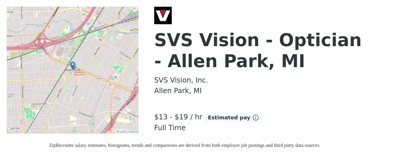 SVS Vision, Inc. job posting for a SVS Vision - Optician - Allen Park, MI in Allen Park, MI with a salary of $14 to $20 Hourly with a map of Allen Park location.