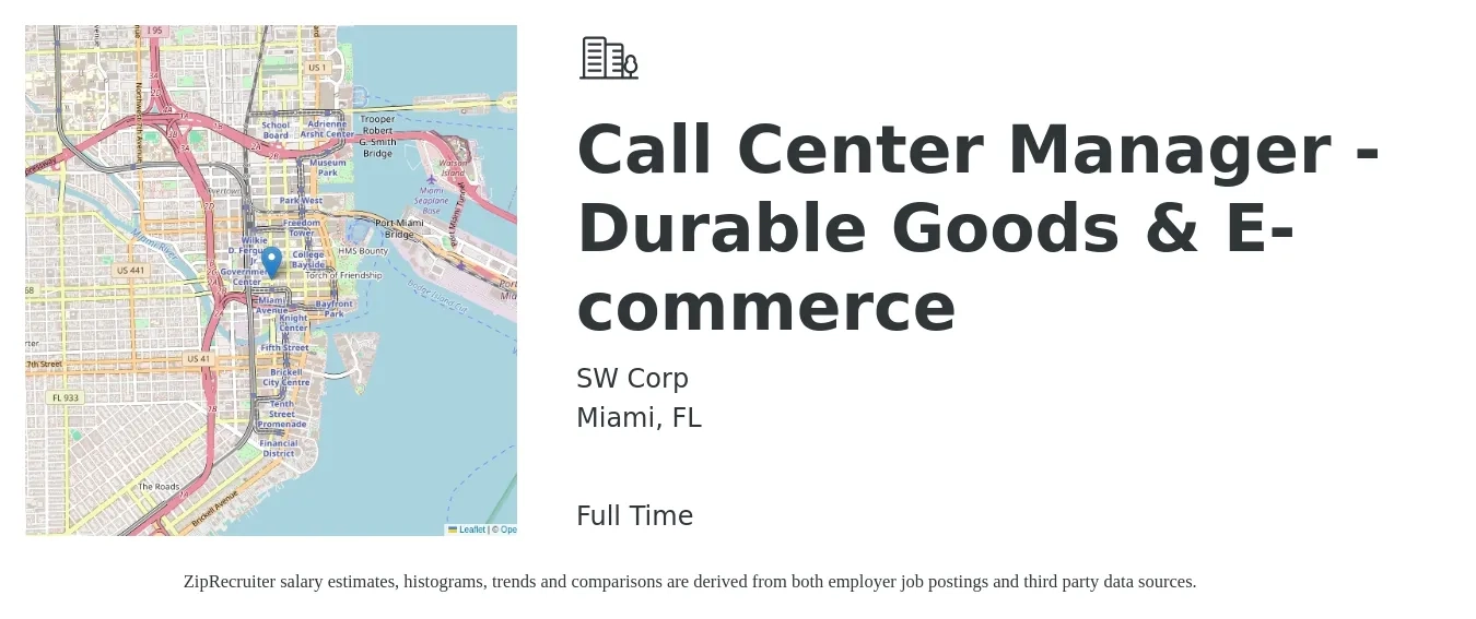 SW corp job posting for a Call Center Manager - Durable Goods & E-commerce in Miami, FL with a salary of $45,900 to $71,700 Yearly with a map of Miami location.