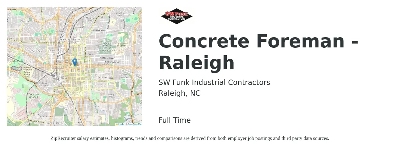 SW Funk Industrial Contractors job posting for a Concrete Foreman - Raleigh in Raleigh, NC with a salary of $29 to $43 Hourly with a map of Raleigh location.
