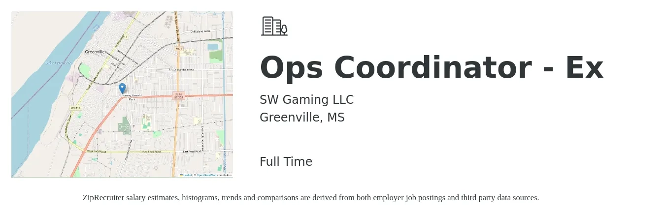 SW Gaming LLC job posting for a Ops Coordinator - Ex in Greenville, MS with a salary of $19 to $27 Hourly with a map of Greenville location.