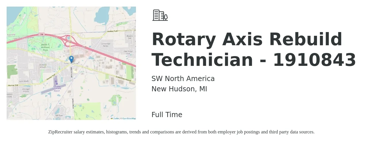 SW North America job posting for a Rotary Axis Rebuild Technician - 1910843 in New Hudson, MI with a salary of $20 to $30 Hourly with a map of New Hudson location.