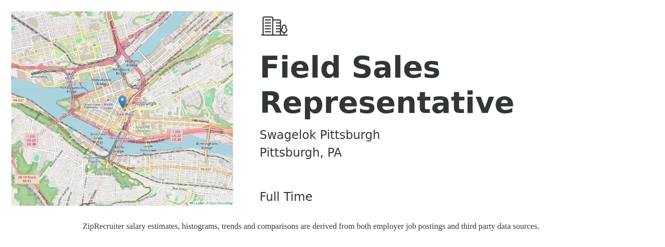 Swagelok Pittsburgh job posting for a Field Sales Representative in Pittsburgh, PA with a salary of $20 to $27 Hourly with a map of Pittsburgh location.