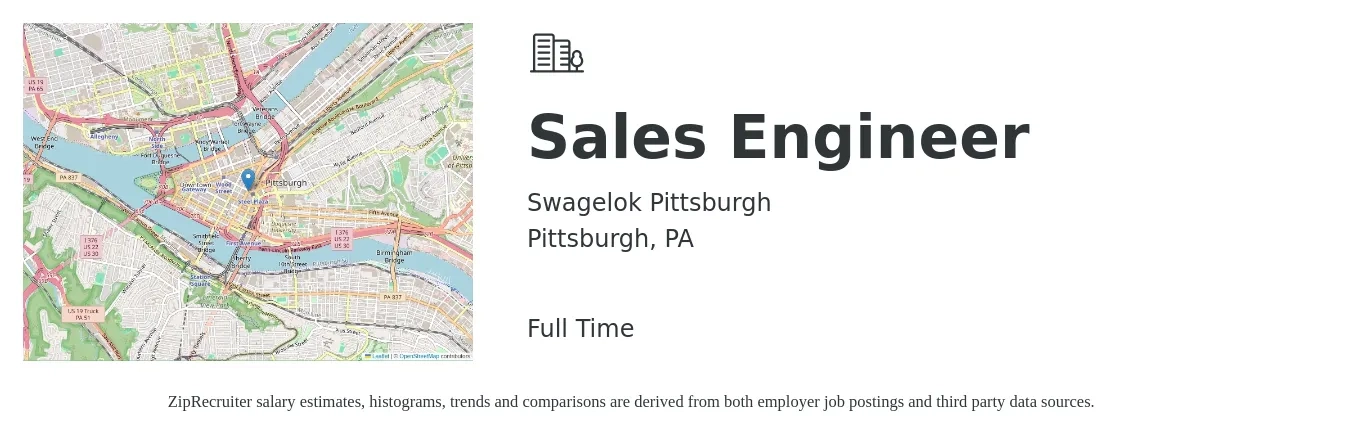 Swagelok Pittsburgh job posting for a Sales Engineer in Pittsburgh, PA with a salary of $72,800 to $109,200 Yearly with a map of Pittsburgh location.
