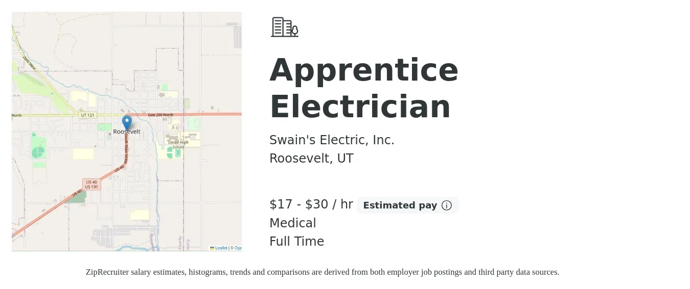 Swain's Electric, Inc. job posting for a Apprentice Electrician in Roosevelt, UT with a salary of $18 to $32 Hourly and benefits including medical, and pto with a map of Roosevelt location.