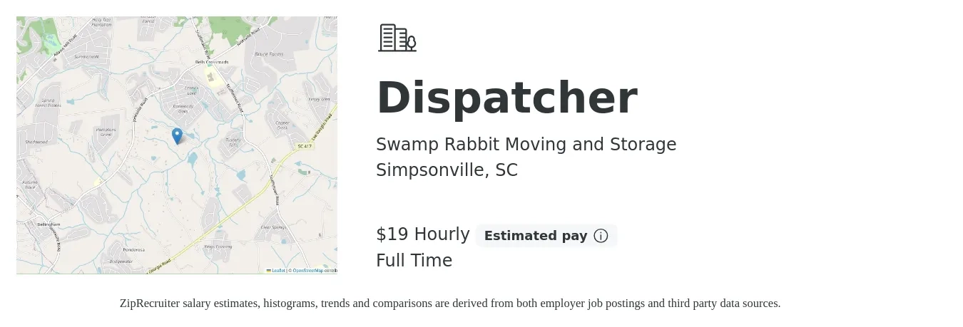 Swamp Rabbit Moving and Storage job posting for a Dispatcher in Simpsonville, SC with a salary of $20 Hourly with a map of Simpsonville location.
