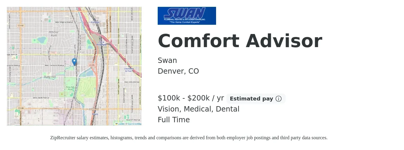 Swan job posting for a Comfort Advisor in Denver, CO with a salary of $100,000 to $200,000 Yearly (plus commission) and benefits including life_insurance, medical, pto, vision, and dental with a map of Denver location.