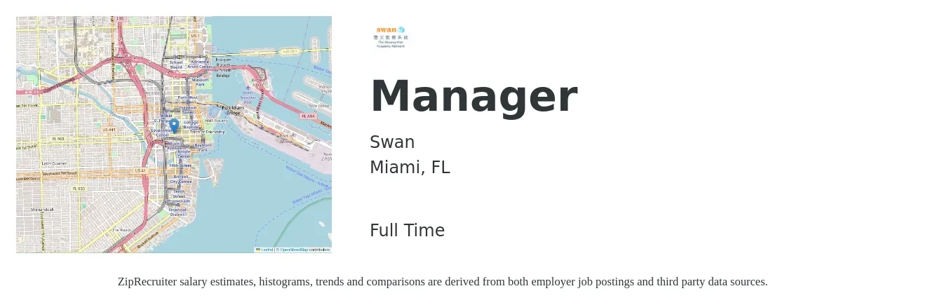 Swan job posting for a Manager in Miami, FL with a salary of $43,000 to $60,700 Yearly with a map of Miami location.