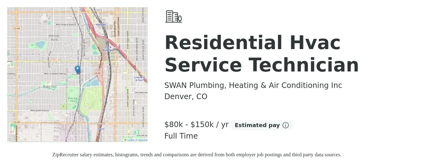 SWAN Plumbing, Heating & Air Conditioning Inc job posting for a Residential Hvac Service Technician in Denver, CO with a salary of $80,000 to $150,000 Yearly with a map of Denver location.