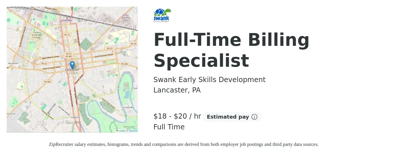 Swank Early Skills Development job posting for a Full-Time Billing Specialist in Lancaster, PA with a salary of $19 to $21 Hourly with a map of Lancaster location.