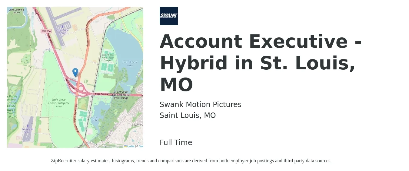 Swank Motion Pictures job posting for a Account Executive - Hybrid in St. Louis, MO in Saint Louis, MO with a salary of $50,600 to $88,900 Yearly with a map of Saint Louis location.