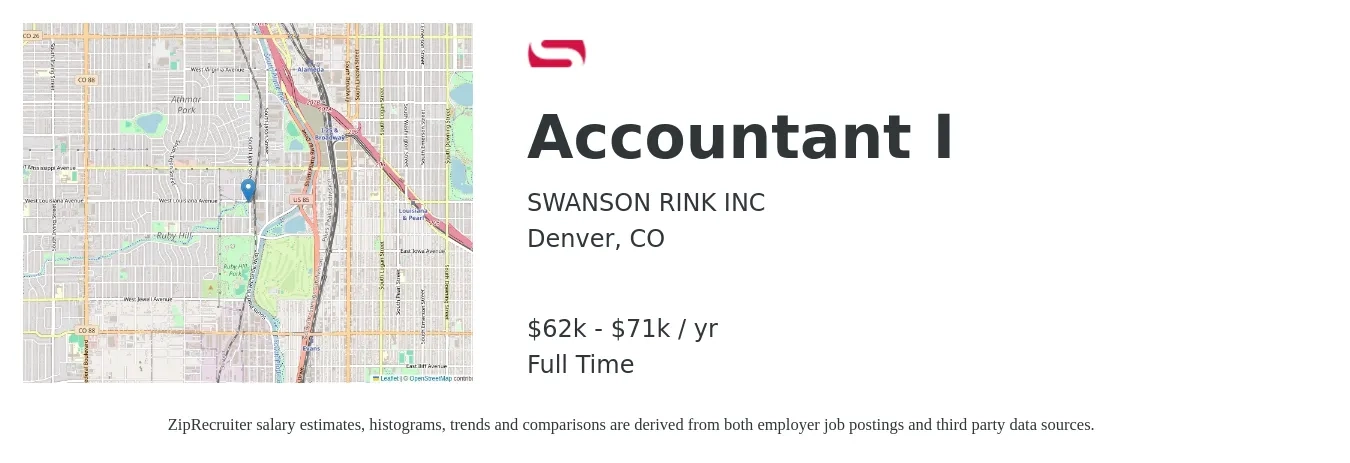 SWANSON RINK job posting for a Accountant I in Denver, CO with a salary of $62,000 to $71,000 Yearly with a map of Denver location.