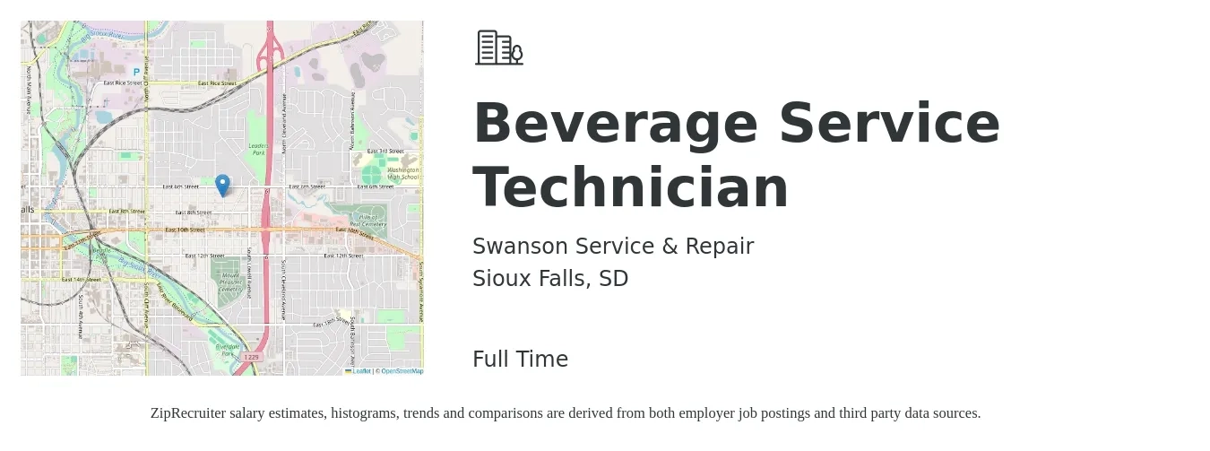 Swanson Service & Repair job posting for a Beverage Service Technician in Sioux Falls, SD with a salary of $20 to $28 Hourly with a map of Sioux Falls location.